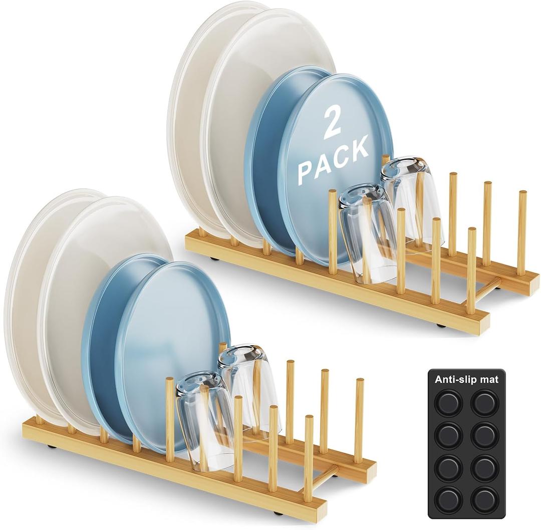 Bamboo Dish Drying Rack for Kitchen Organizer-Sturdy Plate Rack Organizer with Natural Bamboo, Dish Rack Holds Plates, Cups & Cutting Boards-Dish Drying Rack for Countertop & Cabinets2 Pack