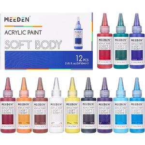 MEEDEN Soft Body Acrylic Paints Set: Matte Finish 12 Colors x 60ml/2oz Fluid Acrylic Paints for Art Painting on Canvas Wood & Glass for Beginner Students Adults Artists