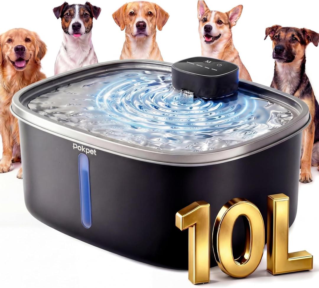 Wireless Water Fountain for Large Dogs for Cats Stainless Steel Pet Bowl Plastic Containers Dispenser - Multi-Filtration & Deeper Drinking Area,Water Window & LED,Ultra-Quiet Wireless&1Filter