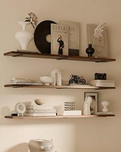 TEDIDUWA Rustic Wood Floating Shelves Set of 3, 48Inches Wood Rustic Farmhouse Wall Shelves, Easy-to-Install Hanging Shelves for Living Room, Kitchen, and Bathroom, 100bs Capacity. (Walnut, 3T48IN)