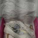 Emily Bridal Wedding Shoes Women's Silk Like Satin Chunky Heel Pumps with Stitching Lace Flower Crystal Pearl (5, Ivory)