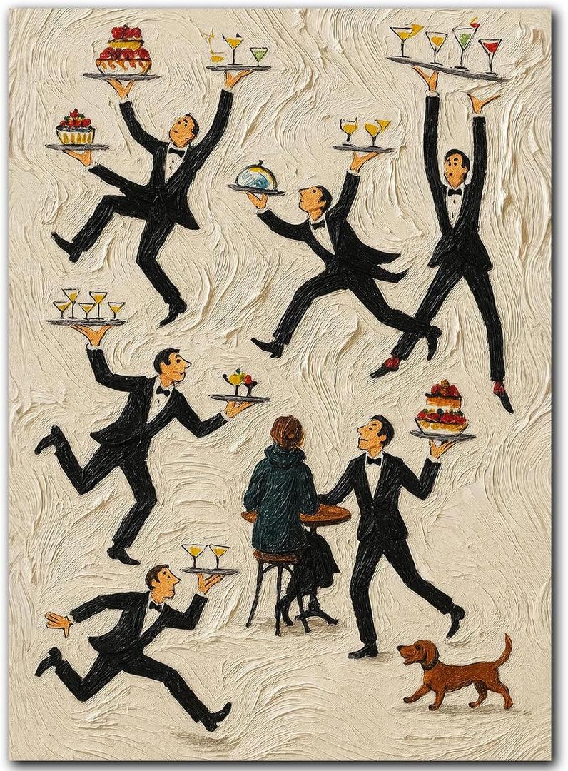 Tiny People in Restaurant Poster Food & Drink Canvas Wall Art Retro Bar Print Cafe Oil Painting Decorative Poster Prints For The Kitchen Wall Of A Family Dining Room 16 x 24 Inch UNFRAMED