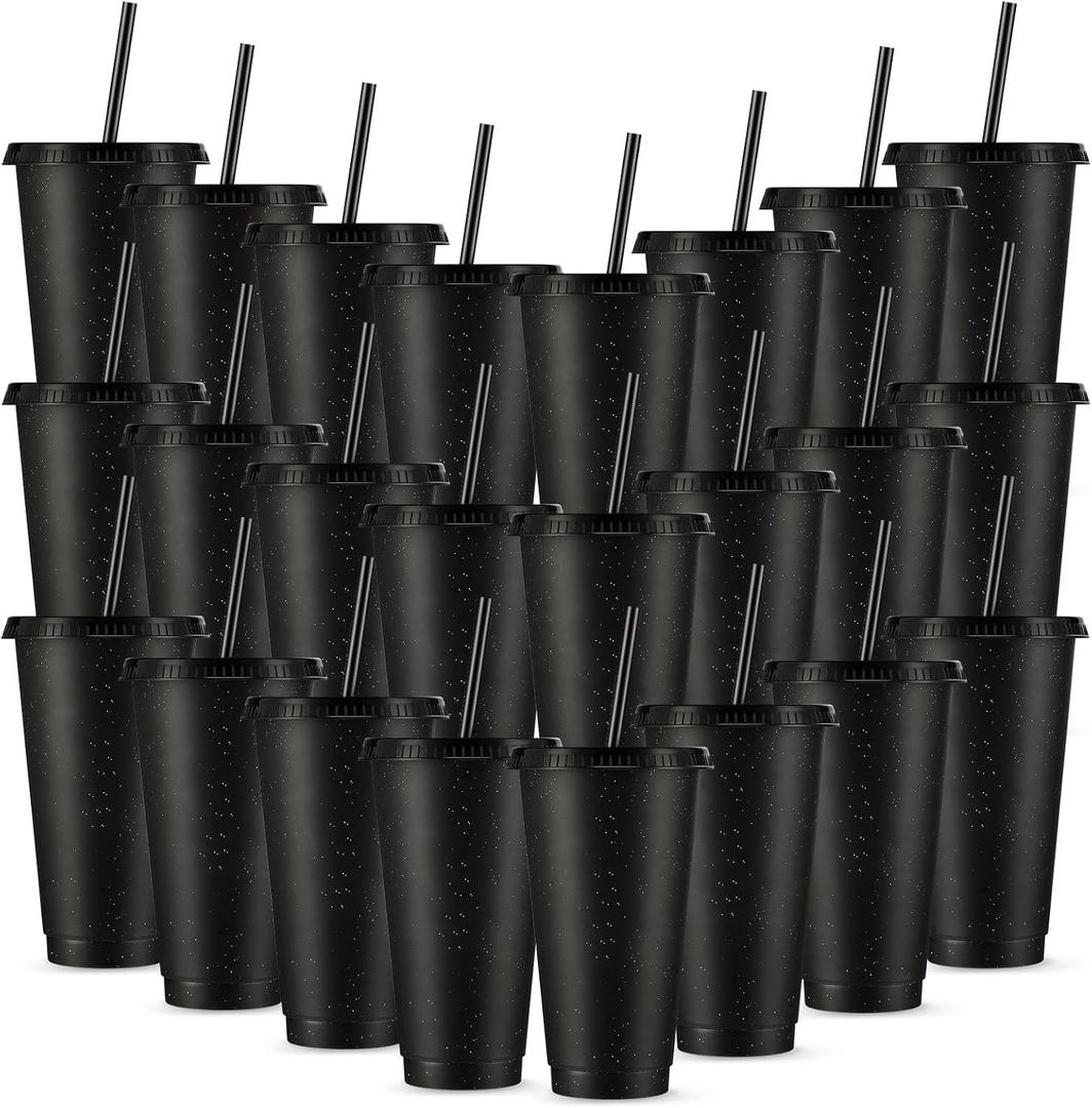 Amyhill 24 Pcs Reusable Cups with Lids and Straws 24 oz Glitter Iced Coffee Tumbler Plastic Travel Mug Cup for Smoothie Juices Birthday Sleepover Party Supplies for Girls(Black)