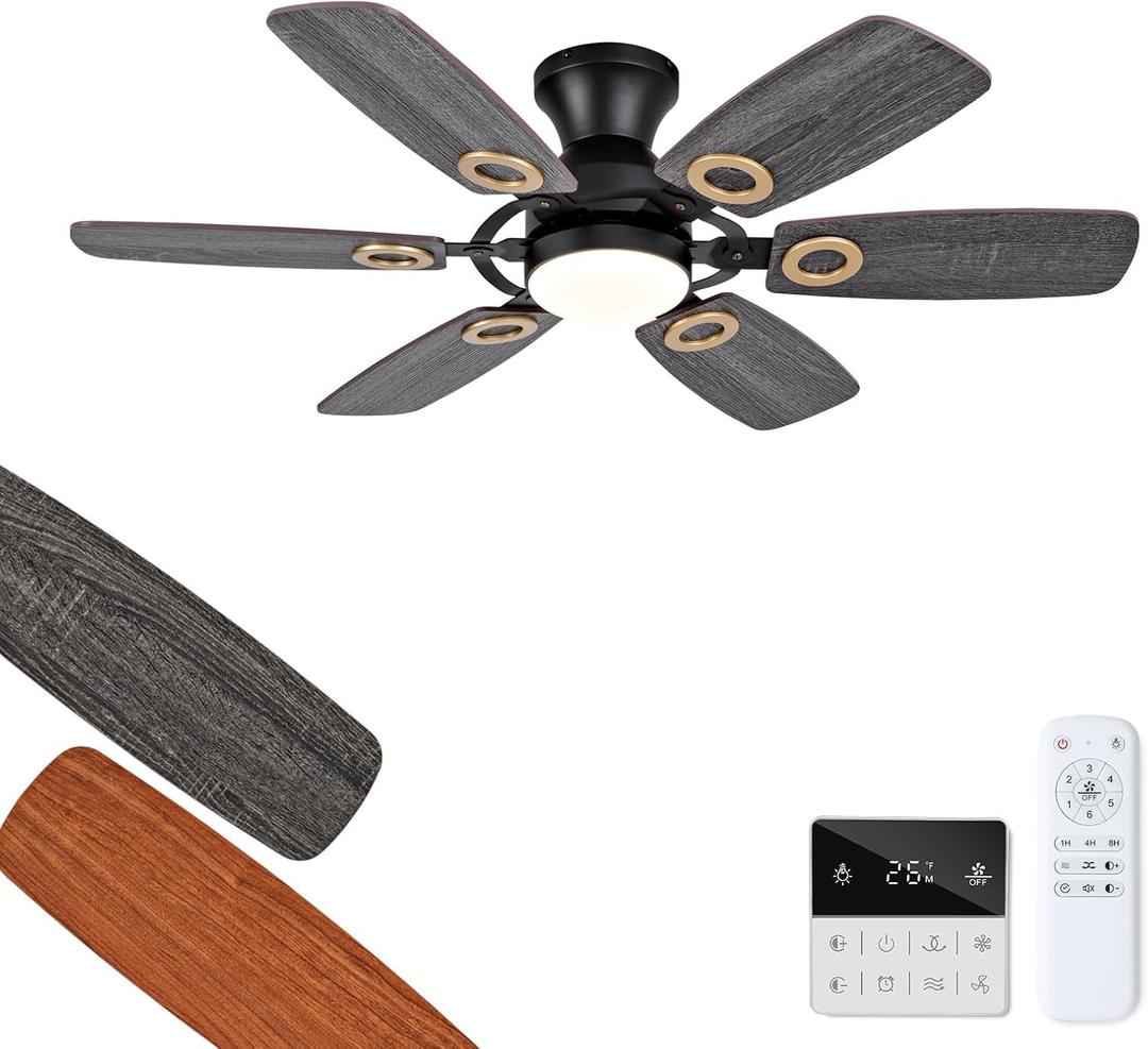 42 Inch Black Ceiling Fans with Lights and Remote, Low Profile Flush Mount Modern Ceiling Fan with Light, 6 Blades, Dimmable, Reversible DC Motor, Indoor Outdoor Ceiling Fan for Bedroom Patio