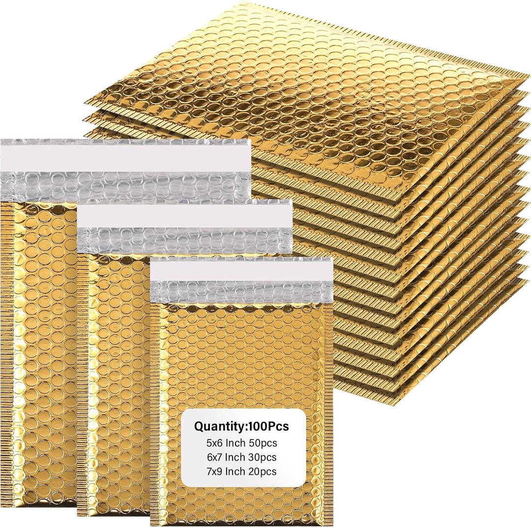 100 Pack Valentine's Day Gift Wrapping Bubble Mailers 3 Sizes Metallic Bubble Envelopes Waterproof Self Sealing Bags for Spring Back to School Packing Small Business(Gold,Metallic)