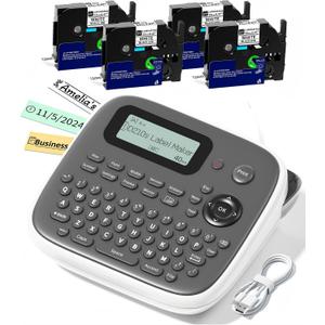 Label Maker, Labeler Machine with 4 Tapes, 12mm 0.47 Laminated White, D210s Desktop Label Printer for File Folder Labels/Daycare Name Tags, School Office Teacher Supplies