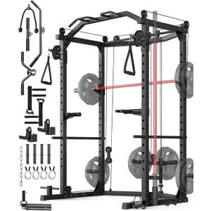GarveeLife Power Cage, Multi-Functional Power Racks for Home Gym with Cable Crossover System, 1600 LBS Weight Capacity Fitness Squat Rack for Strength Workout with More Training Attachment, Red