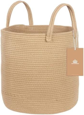 ShellKingdom Laundry Basket, Large Natural Rope Woven Storage Basket with Handles for Home, Living Room, Laundry, Storage Organizer for Blankets, Clothes, Plant, Toys, 15.7 x 13.8 INCH (Jute)
