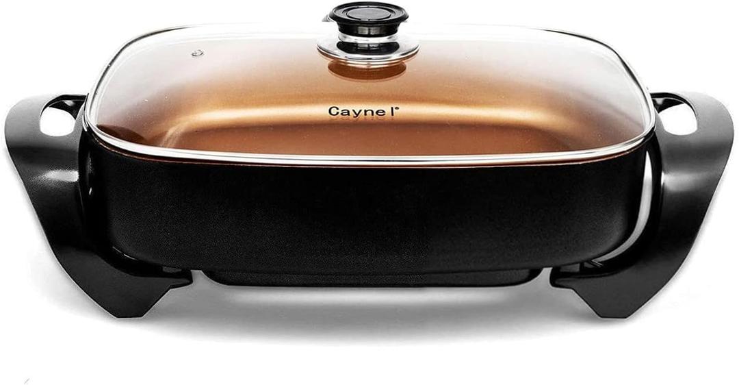 Caynel Professional Non-stick Copper Electric Skillet Jumbo, Deep Dish with Tempered Glass Vented Lid, Upgrade Thermostat, 16x 12x 3.15- 8 quart (16*12 Copper)