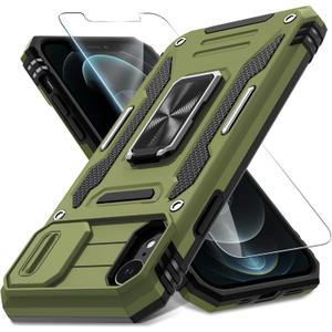 DEERLAMN Case for iPhone XR with Slide Camera Cover+Screen Protector (1 Pack),Rotated Ring Kickstand Military Grade Shockproof Protective Cover 6.1 Inch-Olive Green