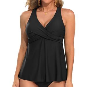 Tempt Me Women Tankini Top Only Flowy Swim Tops V Neck Bathing Suit Top (XX-Large, Black)