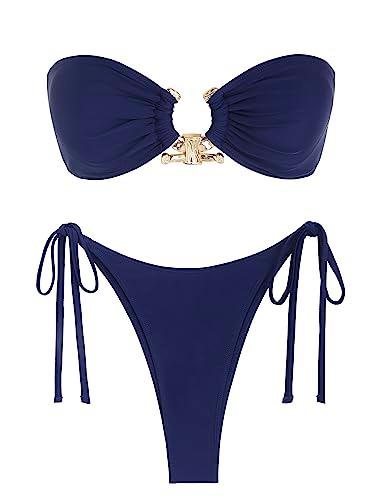 ZAFUL Strapless Metallic Cutout Bandeau Bikini Set High Leg Bikini Sets Glitter Swimsuit Cute Bathing Suits Deep Blue M