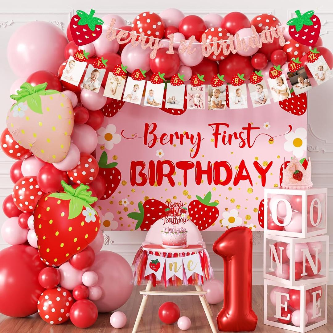 Berry Baby Girl 1st Birthday Decor, Strawberry First Birthday Decorations for Girls with Balloon Arch, Party Backdrop, High Chair Banner, Crown, Photo Banners, Cake Topper