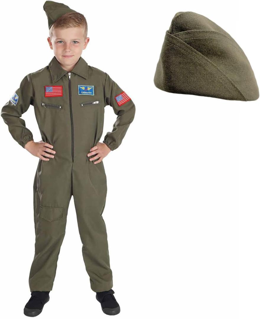 fun shack WW2 Flight Suit Pilot Costume for Kids, Army Outfit, Fighter Pilot Uniform, US Air Force Gear (Medium, Green)