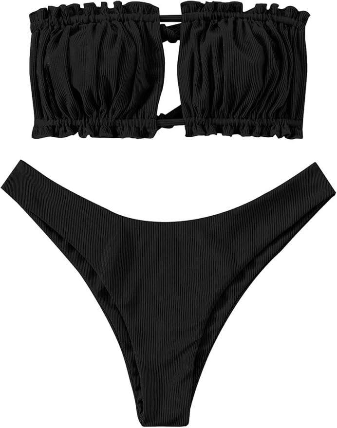 ZAFUL Women 2 Piece Strapless Bikini Swimsuits Ruffle Ribbed Self Tie Bandeau Bikini Set High Cut String Bathing Suits, Size L