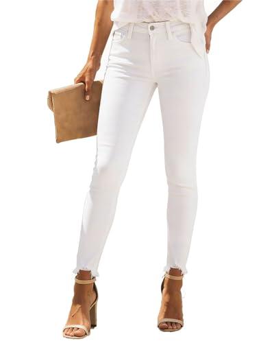 Allimy Womens High Waisted High Rise Cropped Ankle Skinny Stretchy Raw Hem Jeans Jeggings for Women Straight Leg White Pants Capri Leggings Pettie Jeans, Size 8