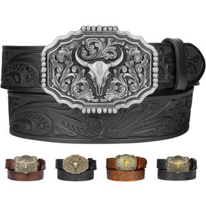 Leather Western Buckle Belts for Woman Men Christmas Gifts, Cowboy Cowgirl Country Embossed Belt for Jeans (Black)