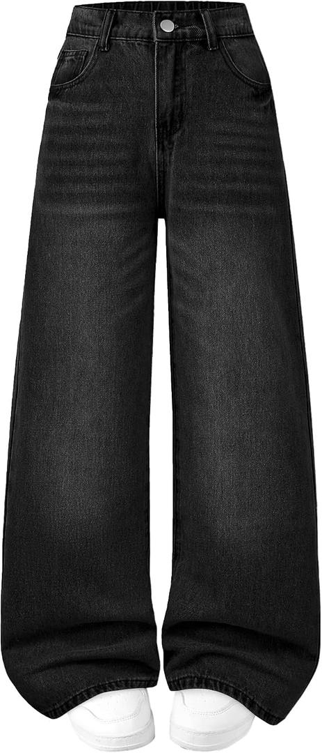 Jeans for Girls Baggy Wide Leg Cute Bow High Elastic Waisted Denim Pants Y2K Boyfriend Skater Streetwear 7-14Y (Black)