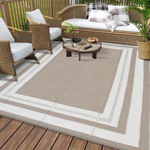 GAOMON 9x12 Outdoor Rug for Patios Waterproof Plastic Straw Rug Reversible Mat Modern Bordered Lightweight Carpet for Patio Porch RV Backyard Pool Deck Picnic Beach Trailer Camping Border-Coffee