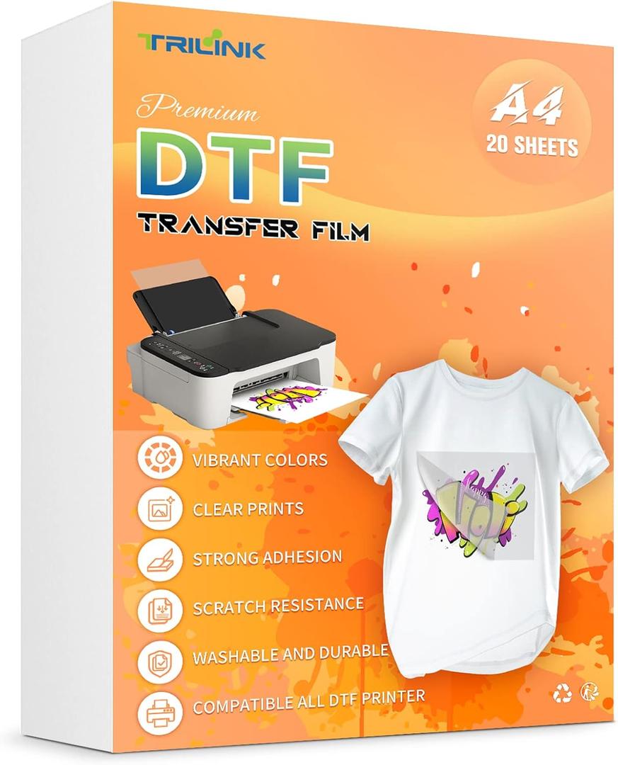 DTF Transfer Film Paper A4 (8.5" x 11") - 20 Sheets Premium PET Direct to Film Transfer Paper for Sublimation - Works on Cotton, Polyester and More Fabrics - Ideal for T-Shirts Printing