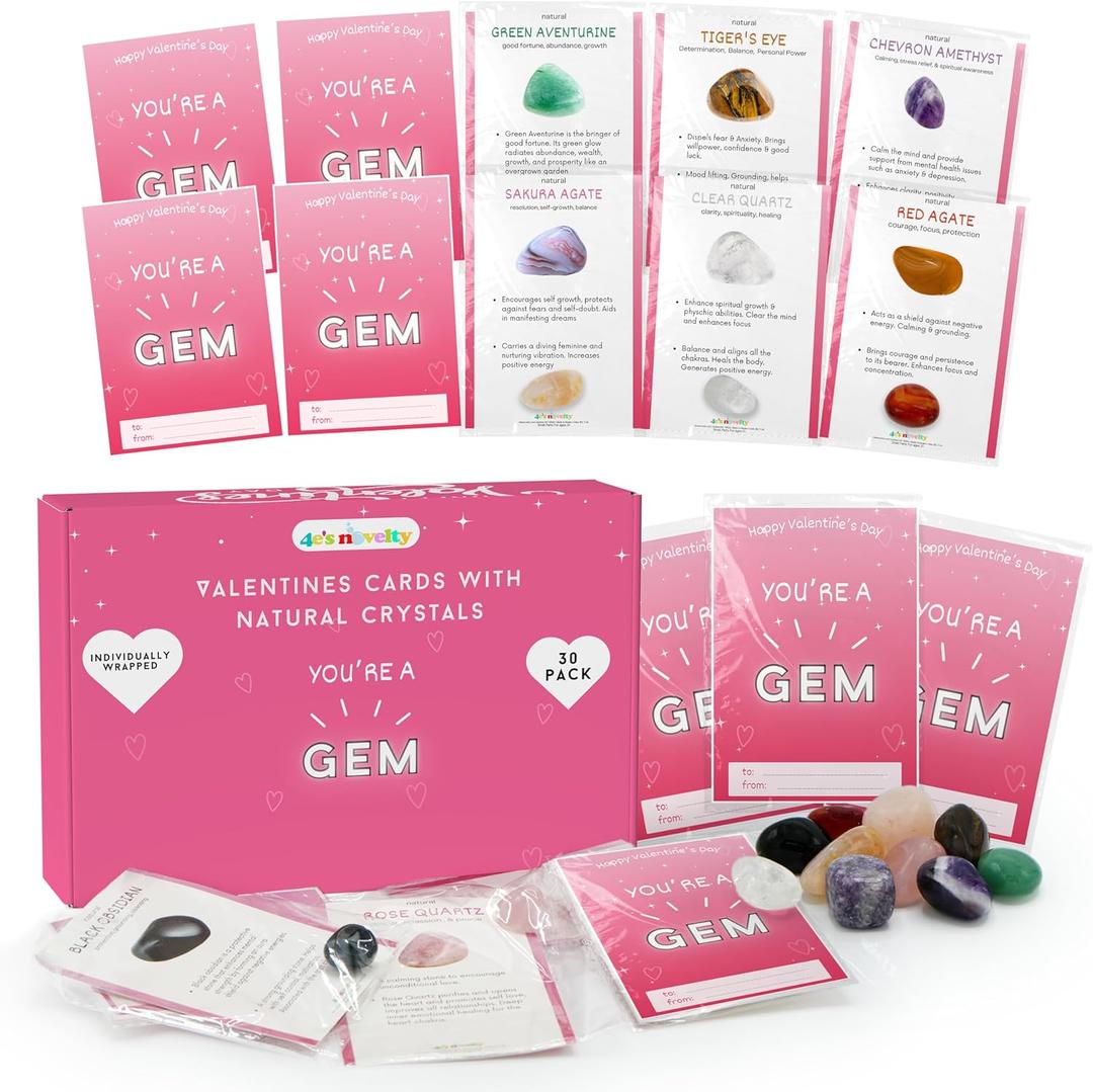 You're a Gem Cards with Natural Gems - 30 Pack Individually Wrapped Gemstone Valentines Cards with Crystals ,Valentine Classroom Gifts for Boys Girls Valentines Gifts for Kids Party Favors
