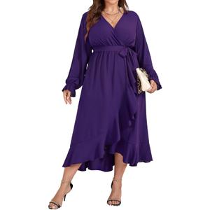 SCOMCHIC Women Plus Size Wedding Guest Maxi Dress Long Sleeve Faux Wrap V Neck High Low Ruffle Cocktail Dress with Belt (XX-Large Plus, Purple)