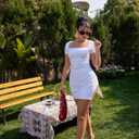 BEAGIMEG Women's Sexy Bodycon Short Sleeve Square Neck Side Slit Ruched Party Club Evening Mini Dress (White, XL)