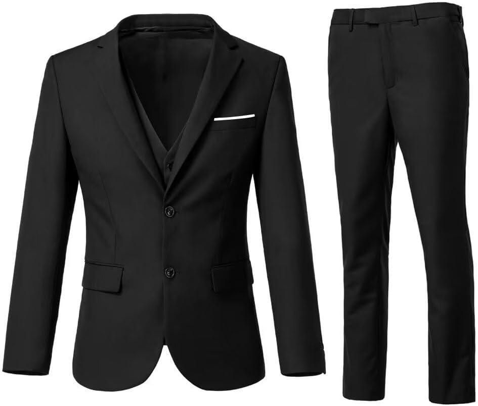 Men's 3 Piece Slim Fit Suit Set, Two Button Blazer Solid Jacket Vest Pants Wedding Business Suit (Large, Black)