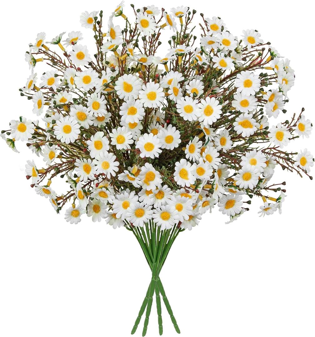 UV Resistant White Daisy Artificial Flowers Lush 4 Bouquets Silk Fake Daisies, 14" UV Protected Faux Daisy Flowers for Indoor & Outdoor Vase, Planter, Floral Arrangements, Centerpieces, Wedding Decor
