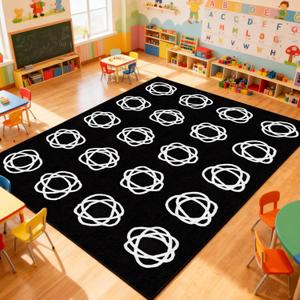 Large Classroom Rug, Black Classroom Seating Carpet with 20 White Circles Abstract for Preschool, 68.4ft Kids Circle Time Playroom Rug, Educational Area Rug for Daycare Elementary Playmat