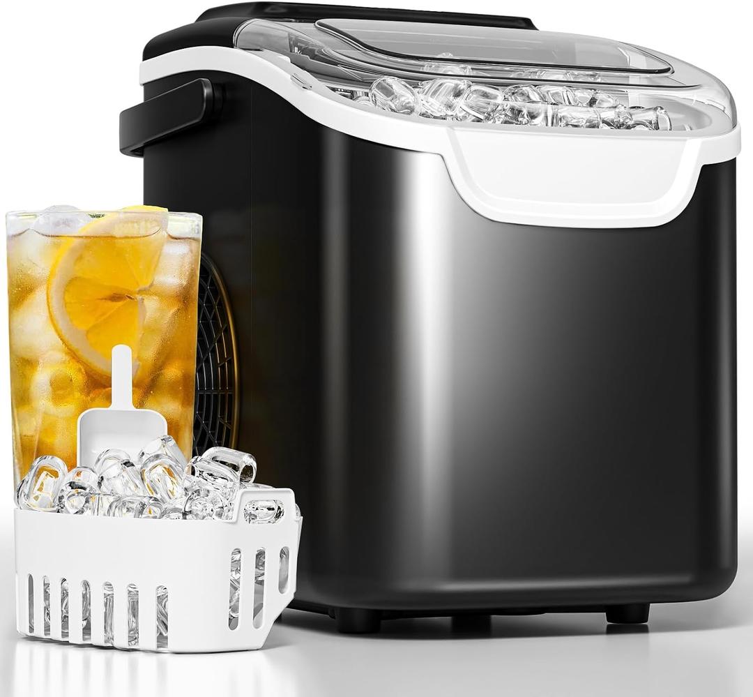 Countertop Ice Maker Machine  8 Bullet Ice in 6 Mins, 26.5lbs/24Hrs Output  Self-Cleaning Portable Design with Selectable Ice Size & Touch Display for Home/Office/Bar (Black)