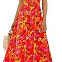 BTFBM Womens Spring 2026 Casual Maxi Dresses Short Sleeve Smocked Tiered Floral Boho Long Beach Dress with Pockets (M)
