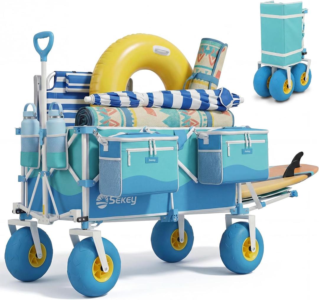 Sekey Heavy Duty Beach Wagon with 9" Big Sand-Proof Wheels, 300L Oversized Foldable Beach Cart with Cooler| Adjustable Handle & Balloon Tires for Sand, Camping,Vacation