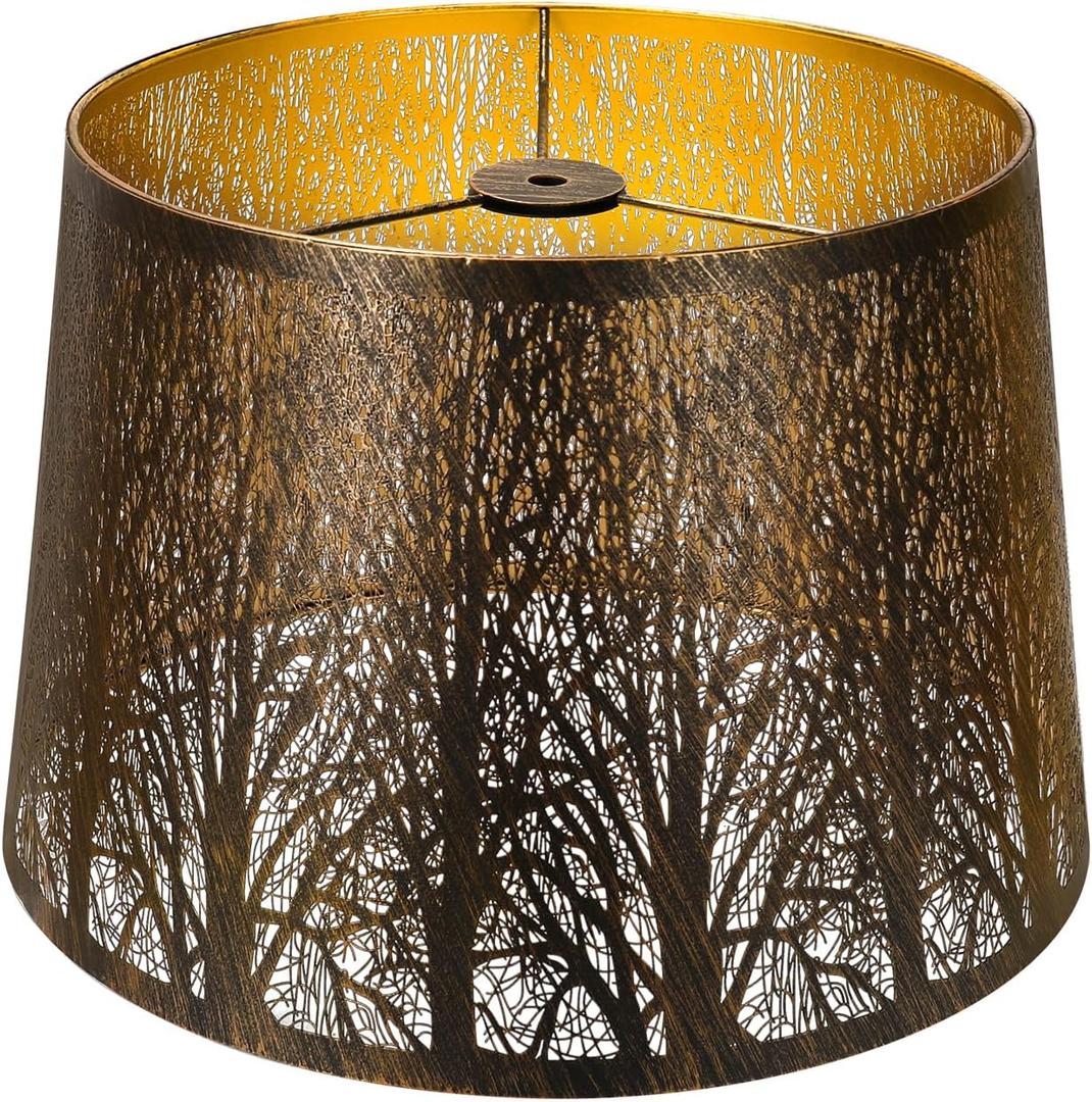 Etched Forest Metal Lampshade, ALUCSET Drum Metal Lamp Shade for Table Lamp,10" Top x 12" Bottom x 8" High Replacement Vintage Lamp Shade, Pattern of Trees Spider Lamp Cover (Antique Bronze Gold)