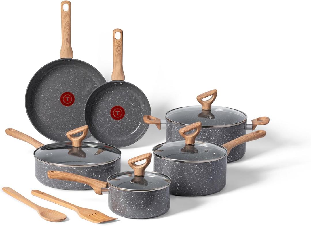 T-fal Revive Ceramic Cookware Sets, Pots and Pans Set Nonstick, (12 pieces), Ceramic Non-stick Coated, Frying Pan, Oven Safe Up To 350F, Grey Granite