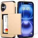 for iPhone 16 Wallet Case with Card Holder + 2 Tempered Glass Screen Protector Protective Dual Layer Shockproof Hidden Card Slot Slim Case Women Men iPhone 16 6.1 inch 2024 (Gold)