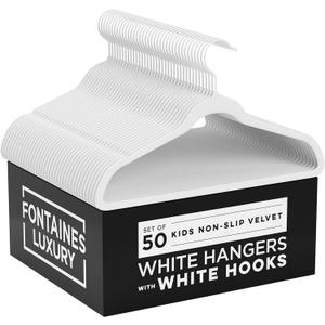 Fontaines Luxury Kid's White Velvet Felt Non Slip Clothes Hangers 50 Pack - Ultra Slim & Space Saving - Heavy Duty Swivel Black Hook for Children's Clothing, Shirt, Dress, Skirt & Pants Organization
