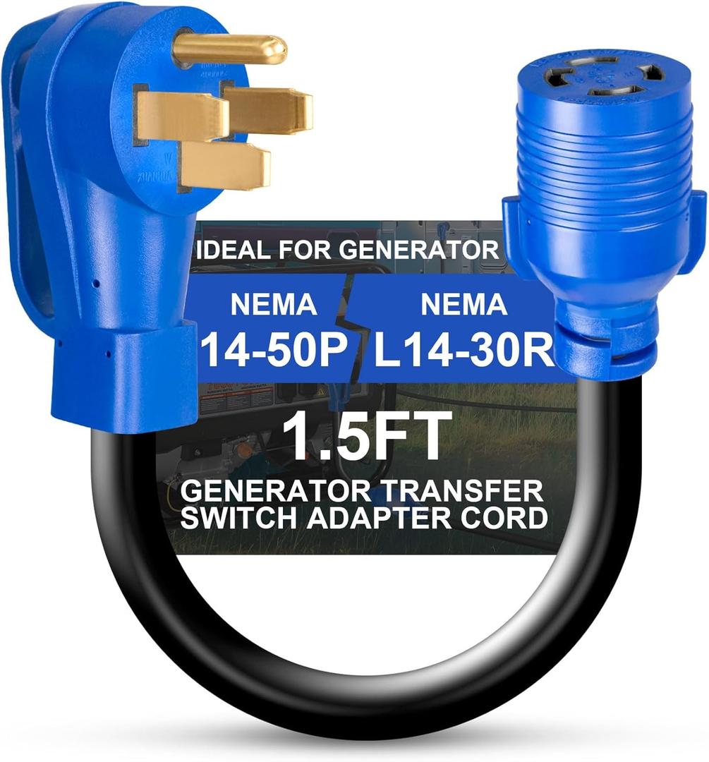 NEMA 14-50P to L14-30R Generator Transfer Switch Adapter Cord, 50A Male to 30A Female 250V/125V Generator RV EV Dryer House Adapter Plug, Twist Lock 4-Prong, STW 10AWG Heavy Duty Cable, 18 Inch