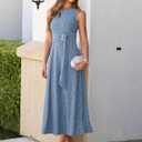 Simplee Women's 2026 Summer Floral Maxi Dress Sleeveless Elegant Tie Waist Casual Cocktail Party Wedding Guest Long Dresses (Blue, XL)