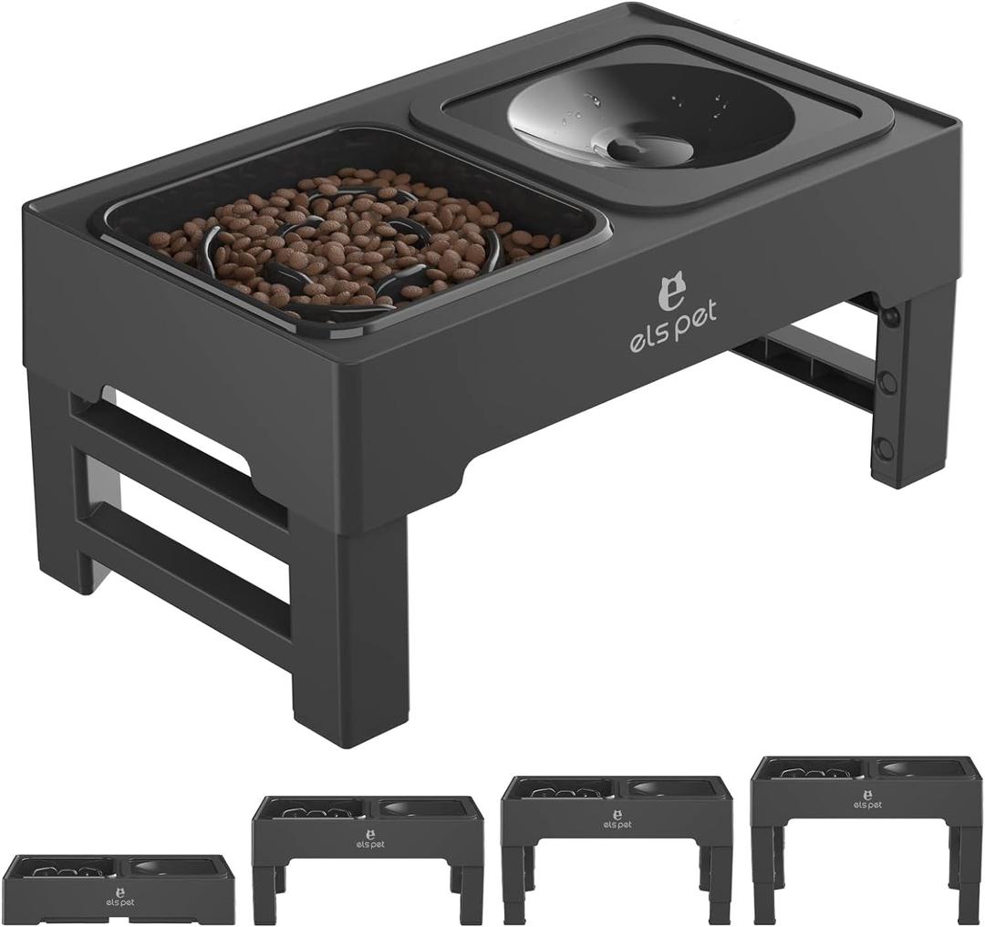 ELS PET Elevated Dog Bowls, Adjustable Raised Dog Bowls with No Spill Dog Water Bowl and Stainless Steel/Slow Feeder, Stand for Small Medium Large Dogs,Cats & Pets (Plastic)