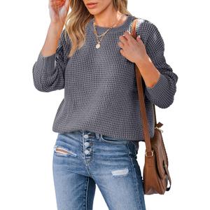 MEROKEETY Women's 2025 Long Sleeve Waffle Knit Sweater Crew Neck Solid Color Pullover Jumper Tops (Large, Grey)