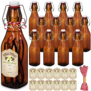 Uiifan 12 Pcs 8 oz Swing Top brown Square Glass Bottles for Vanilla Extract with Caps and Cotton Twines Label Flip Top Glass Bottle for Home Vanilla Brew Oil Beer Tea Supply
