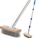 MAXMAN Stainless Steel Wire Scrub Brush with Long Handle, 63" Heavy Duty Large Wire Brush, Stiff Metal Bristle Floor Scrubber, Outdoor Patio Cleaning, Wire Broom for Deck, Concrete, Moss Removal (With 1PC 8-inch brush head)