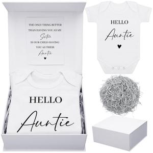 Shyyween 4 Pcs Pregnancy Announcement for Aunt, Hello Auntie Baby Bodysuit, Hello Auntie Pregnancy Reveal Card Baby Reveal Gift Box Baby Announcement Gifts Set for Aunt Women