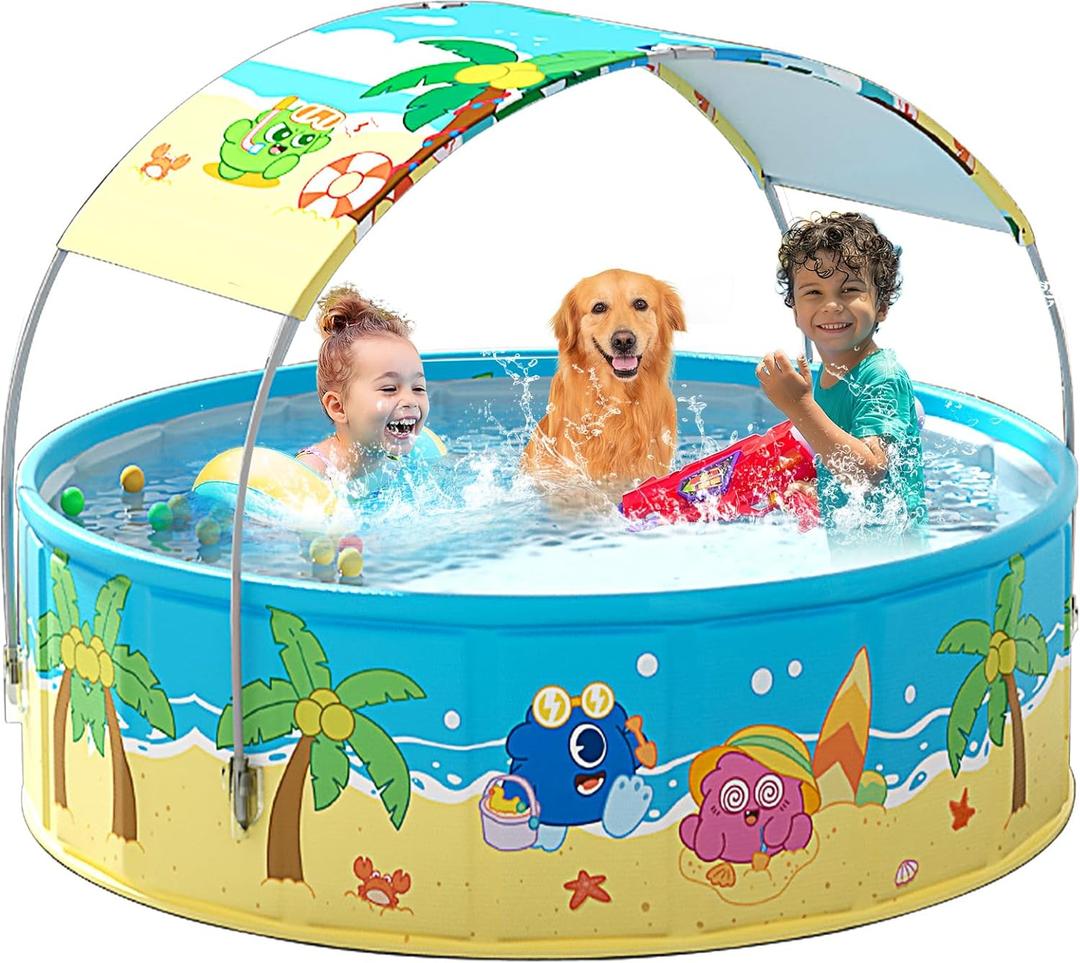 Foldable Swimming Pool with Canopy for Kids 62.9"x17.7" Hard Plastic Portable Dog Pool Anti-Slip Collapsible Pets Bathtub Kiddie Pool Indoor Outdoor Backyard (JellieMons 63'')