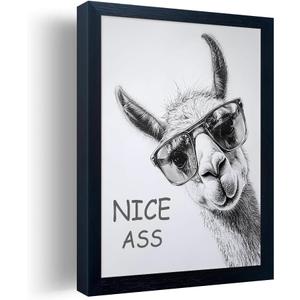 Bathroom Picture Wall Decor, Framed Black and White Bathroom Wall Art, Cheeky Llama Funny Canvas Print Painting, 10"x8"
