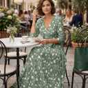 SUZONANA Plus Size Dresses for Women Floral Print Maxi Dress Flowy 3/4 Sleeve with Belt (Green, XXL)