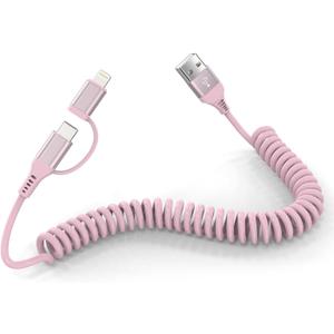 Pink Retractable Car Charger Coiled Lightning Cable - 2 in 1 Lightning and USB C Cable for Apple Carplay & Android Auto [MFi Certified] 3A Fast Charge & Data Sync Pink Coiled i Phone Charger Cord