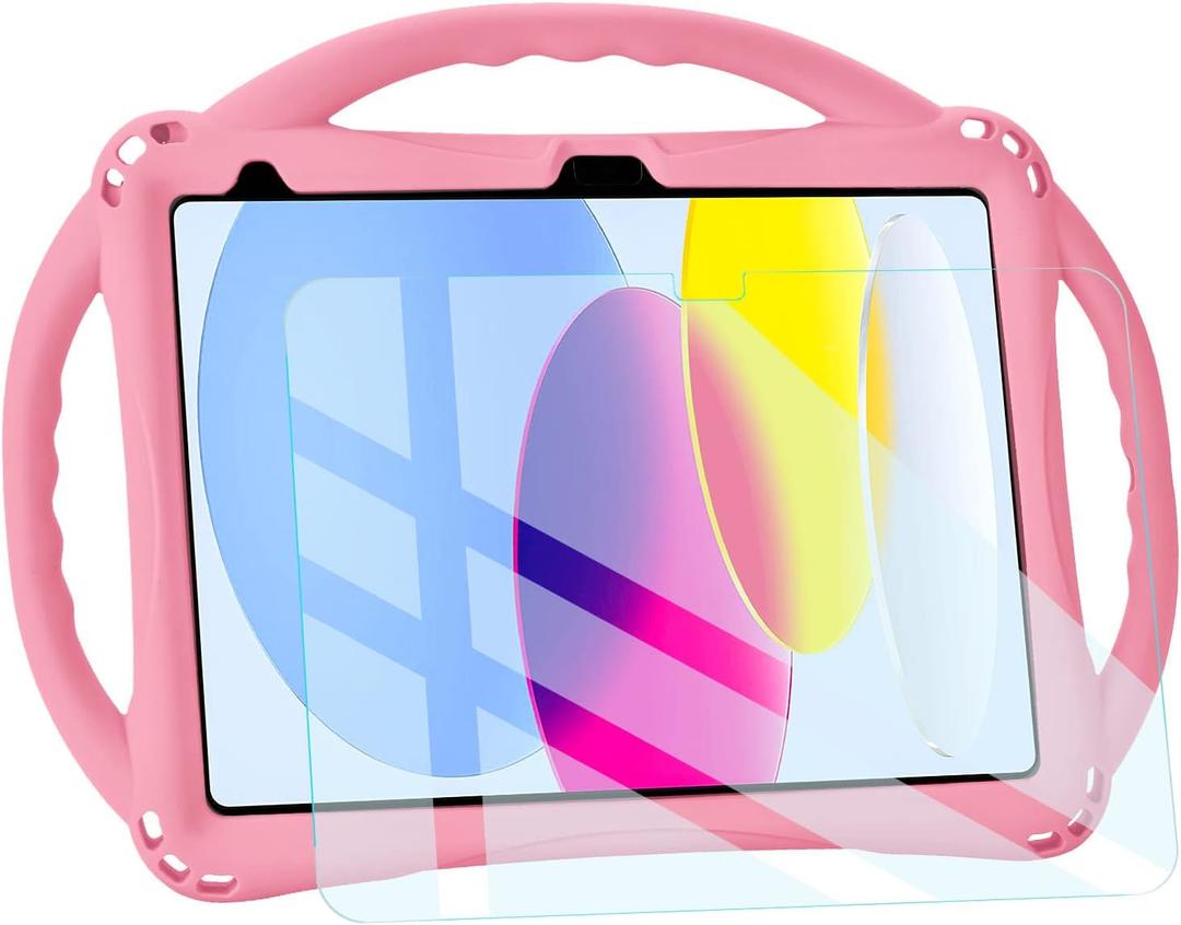 TopEsct Kids Case for iPad (A16) 11th Gen 11" 2025, iPad 10th Gen 10.9" 2022 with Tempered Glass Screen Protector, Silicone Shockproof Case Comes with Strap (Pink)