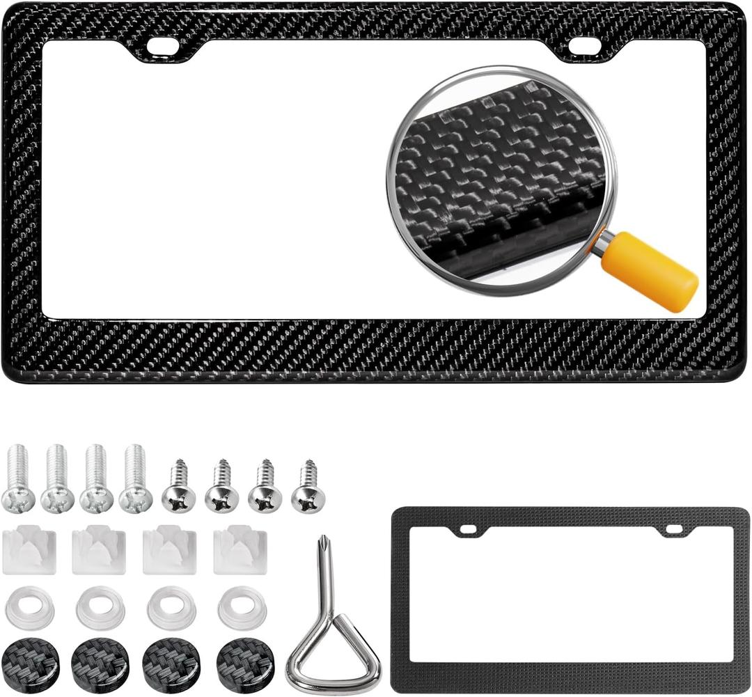 Real Carbon Fiber License Plate Frame, 100% Pure Carbon Fiber Frame, Black License Plate Holder Cover with Screw Caps, Anti-Vibration Pads, (Twill 2 Hole)